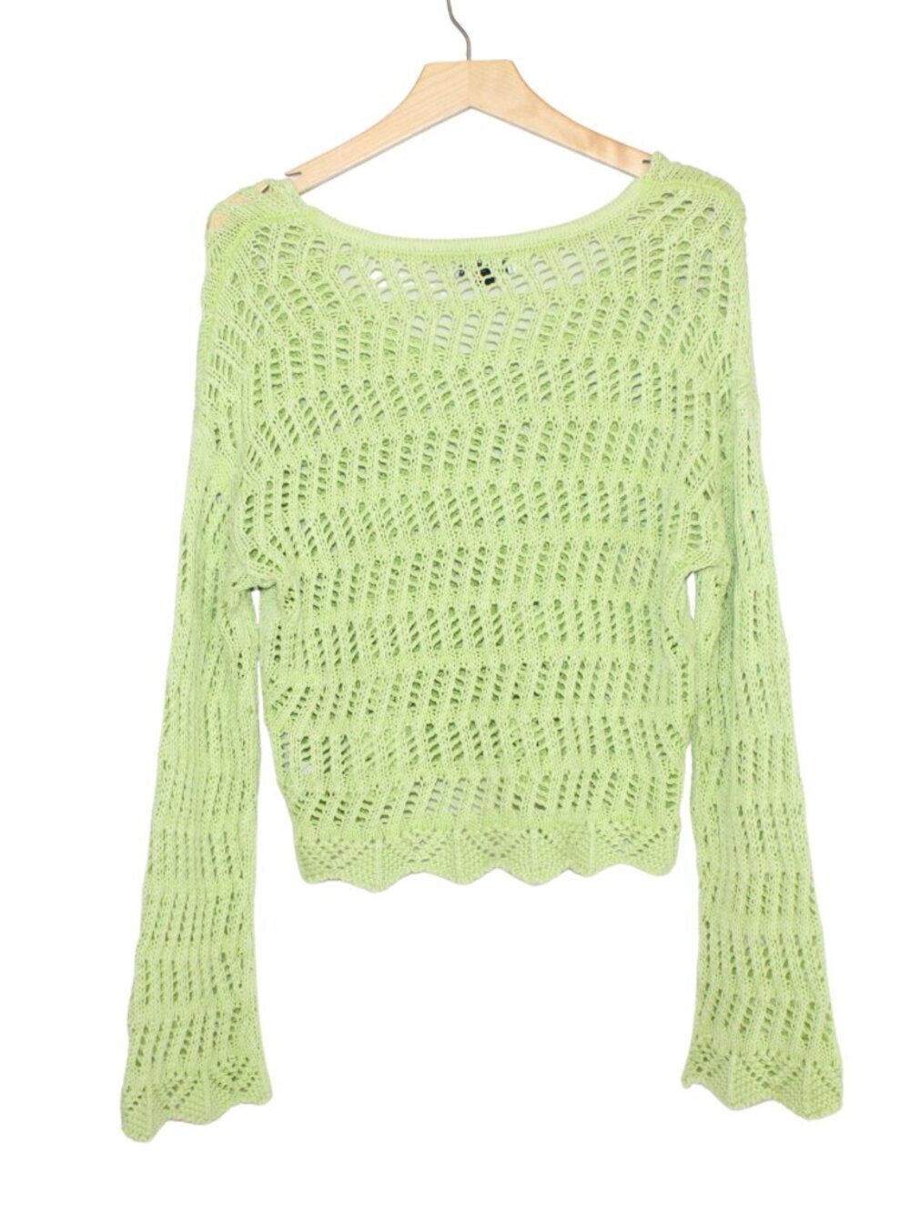 American Eagle light green crochet sweater bell sleeve beach surf pullover vneck - Picture 3 of 15